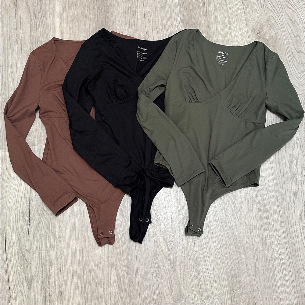 BUNDLE NWOT V Plunge Long Sleeve Bodysuit Trio in Black, Brown, Green